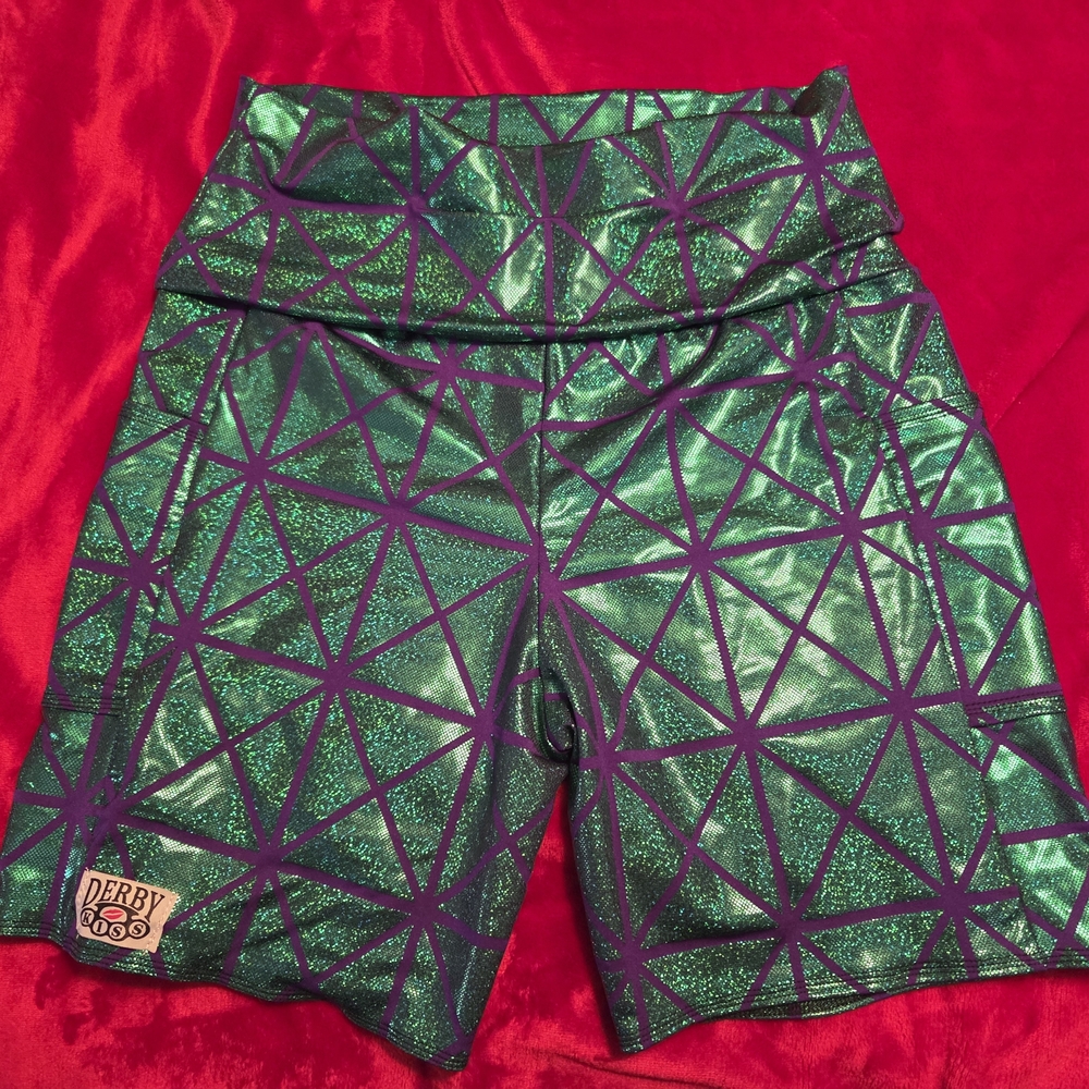 Shiny Geometric Green and Purple Biker Shorts Derby Kiss
